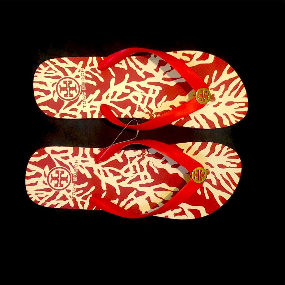 Tory Burch Flip Flops red coral print Sz 9 NEW